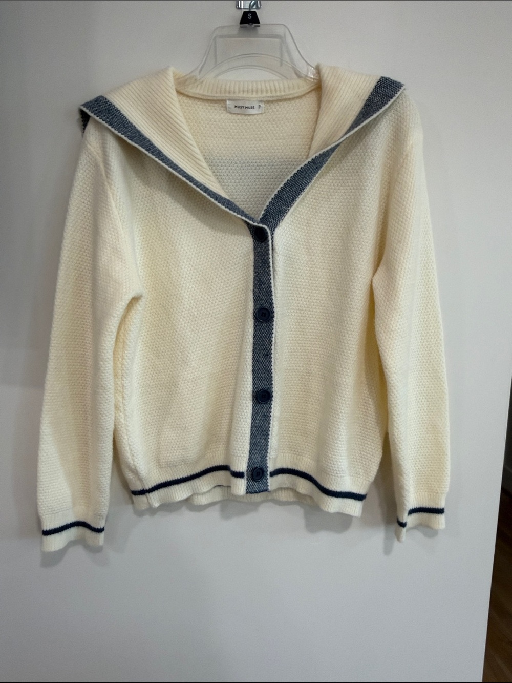 Cream V-Neck Cardigan with Navy Trim
